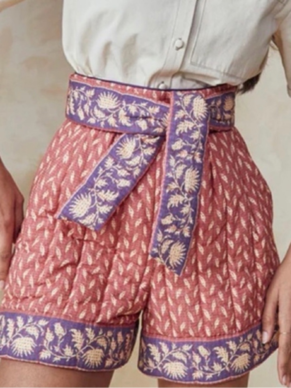 HUNTER BELL Quilted Pink Patterned High-Waist Shorts with Belt